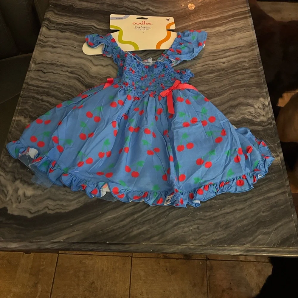 oodles Blue Dog Dress with Cherry Print